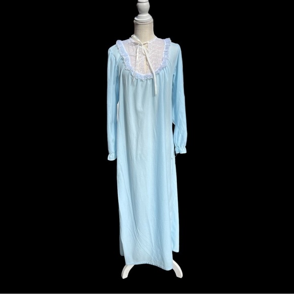 🌻NEW w.tag VINTAGE Gilligan & O'Malley Blue Fleece Cottagecore 80s Nightgown SM - Picture 2 of 12